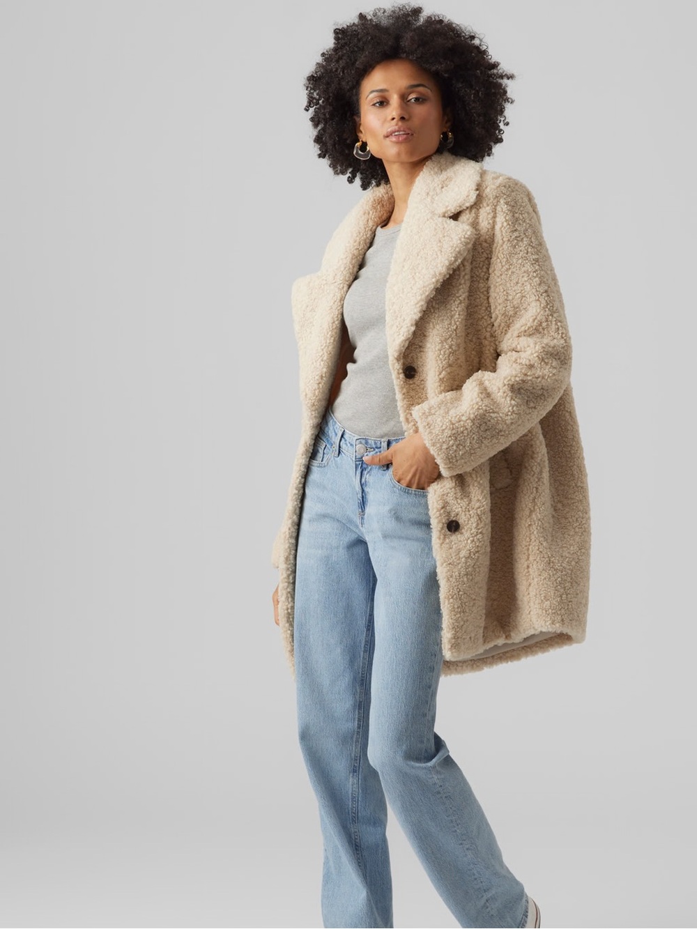 Vero Moda Cream Teddy Coat with Notch Collar